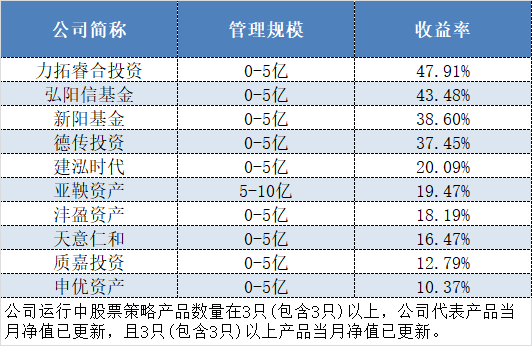 表格：今年以来小规模股票策略私募公司收益前十榜单（0亿≤规模<10亿）